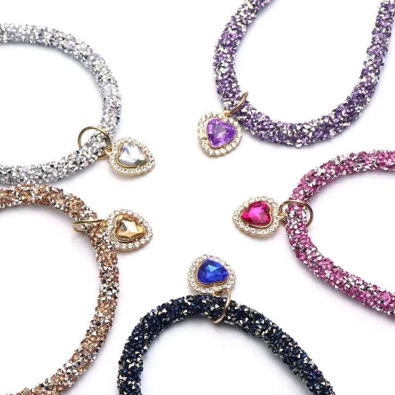 Color: MULTICOLOR, Size: S - Luxury Cat Collar with Heart Crystal Pendant Puppy Chihuahua Necklace Reflective Rhinestone Kitten Neck Strap Pets Accessories